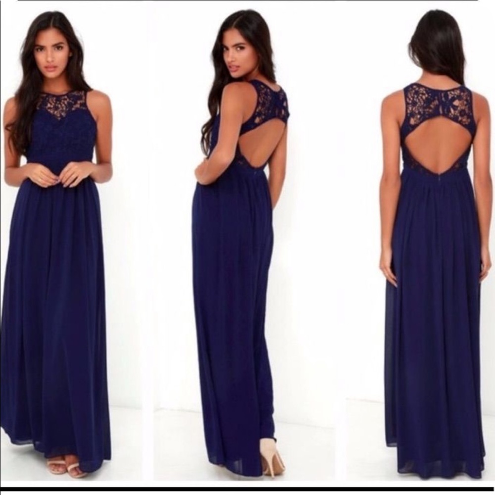 Lulus SO FAR GOWN Navy Blue Lace Maxi Dress